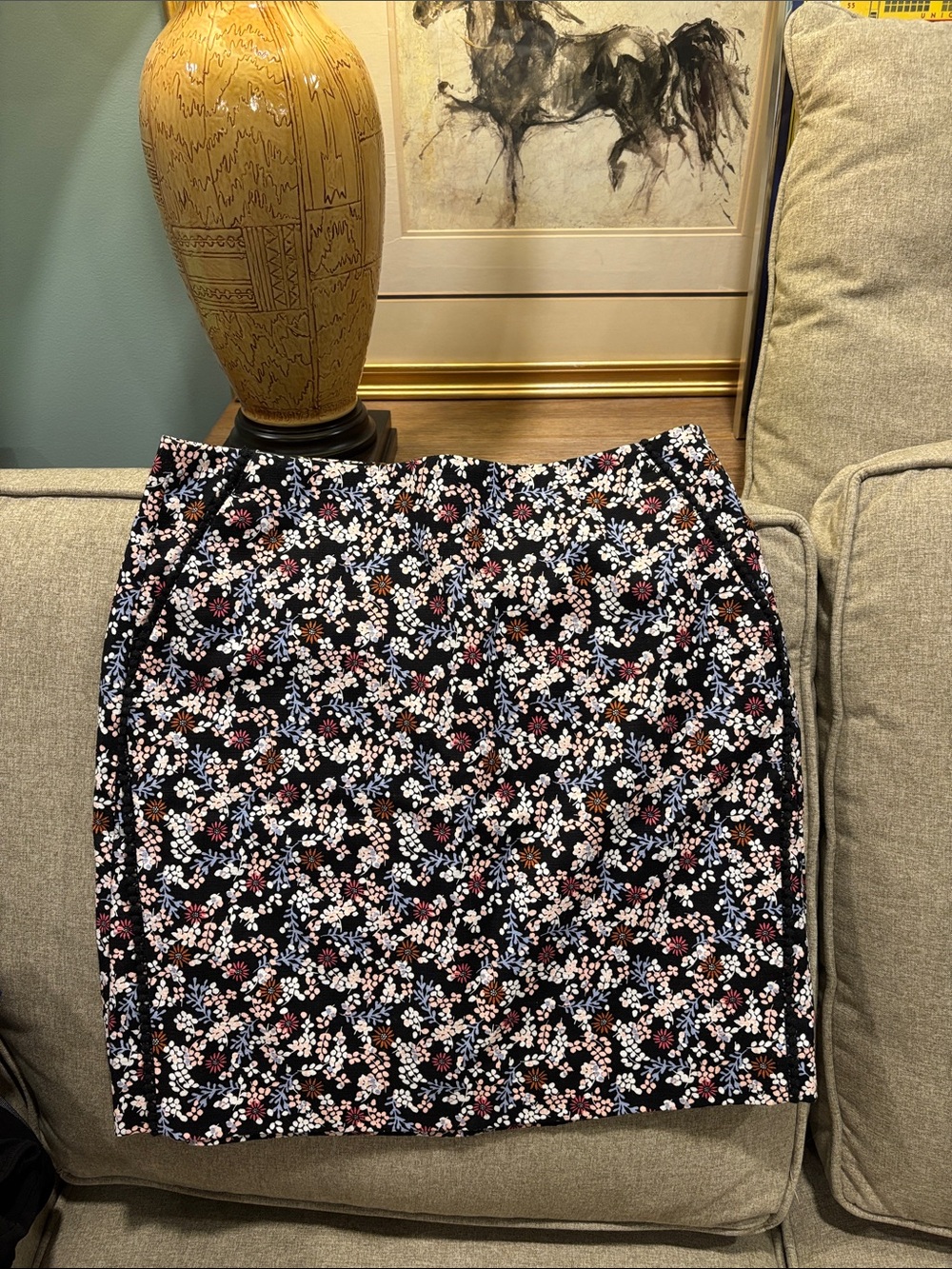 LOFT Black Pencil Skirt with Pink, White & Blue Floral Print
